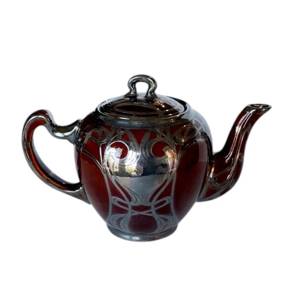 1900s RARE Art Nouveau Sterling Silver Overlay Brown Ceramic Pottery Teapot - Picture 1 of 12